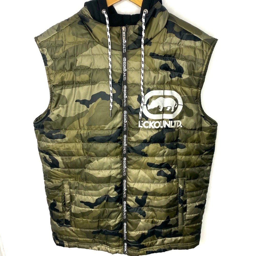 Ecko ULTD Men’s Full Zip Green & Black Camo Puffer Vest With Built In Hoodie XL